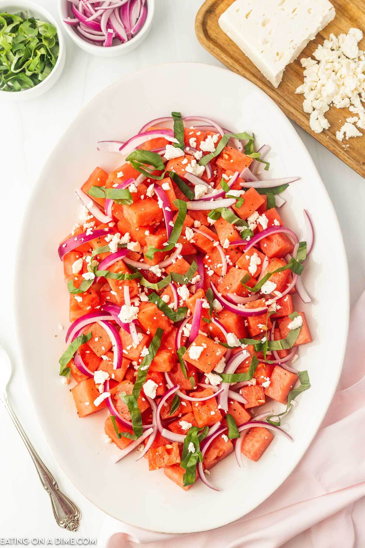 Watermelon Feta Salad on a platter