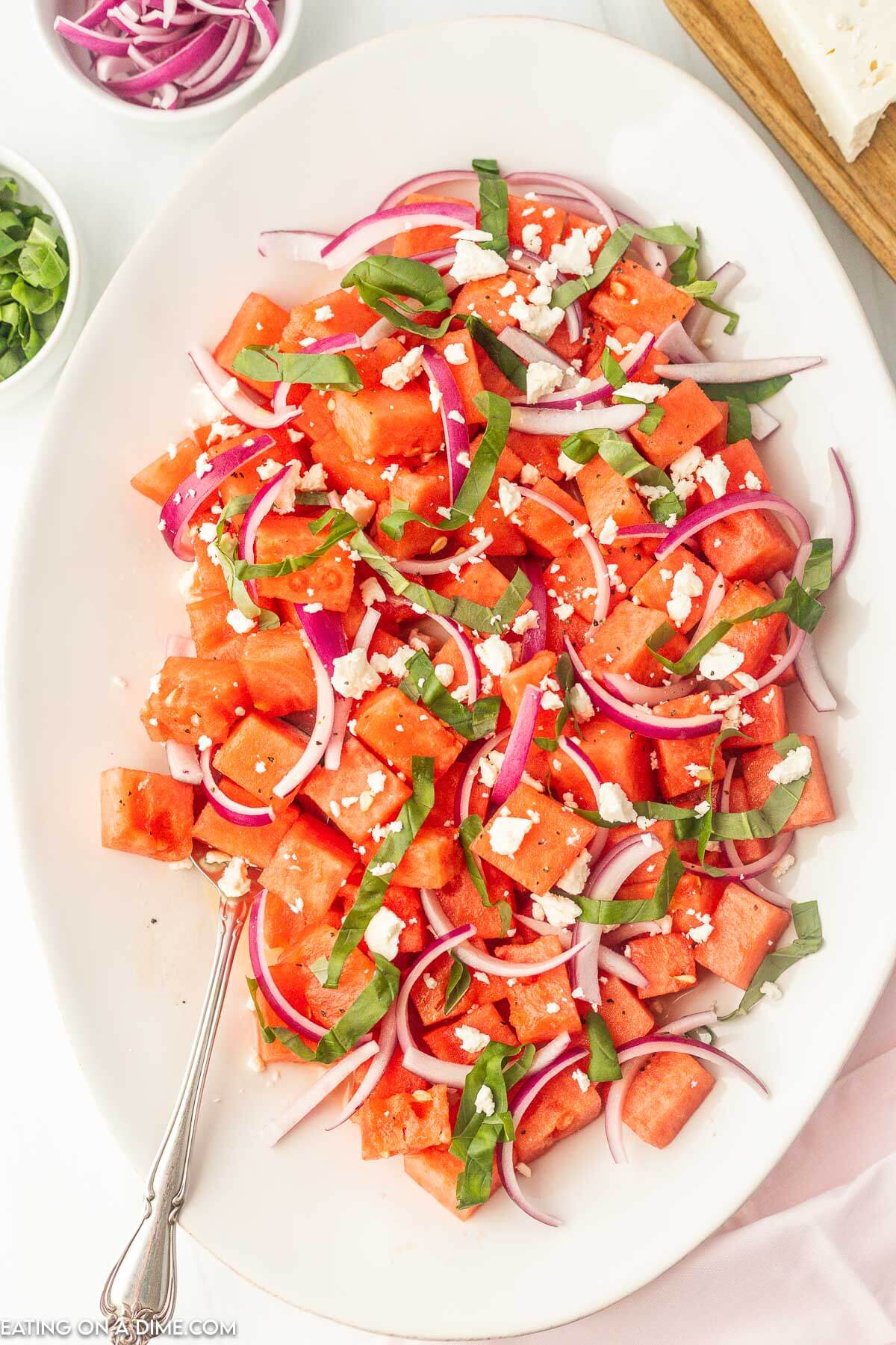 Watermelon Feta Salad on a platter