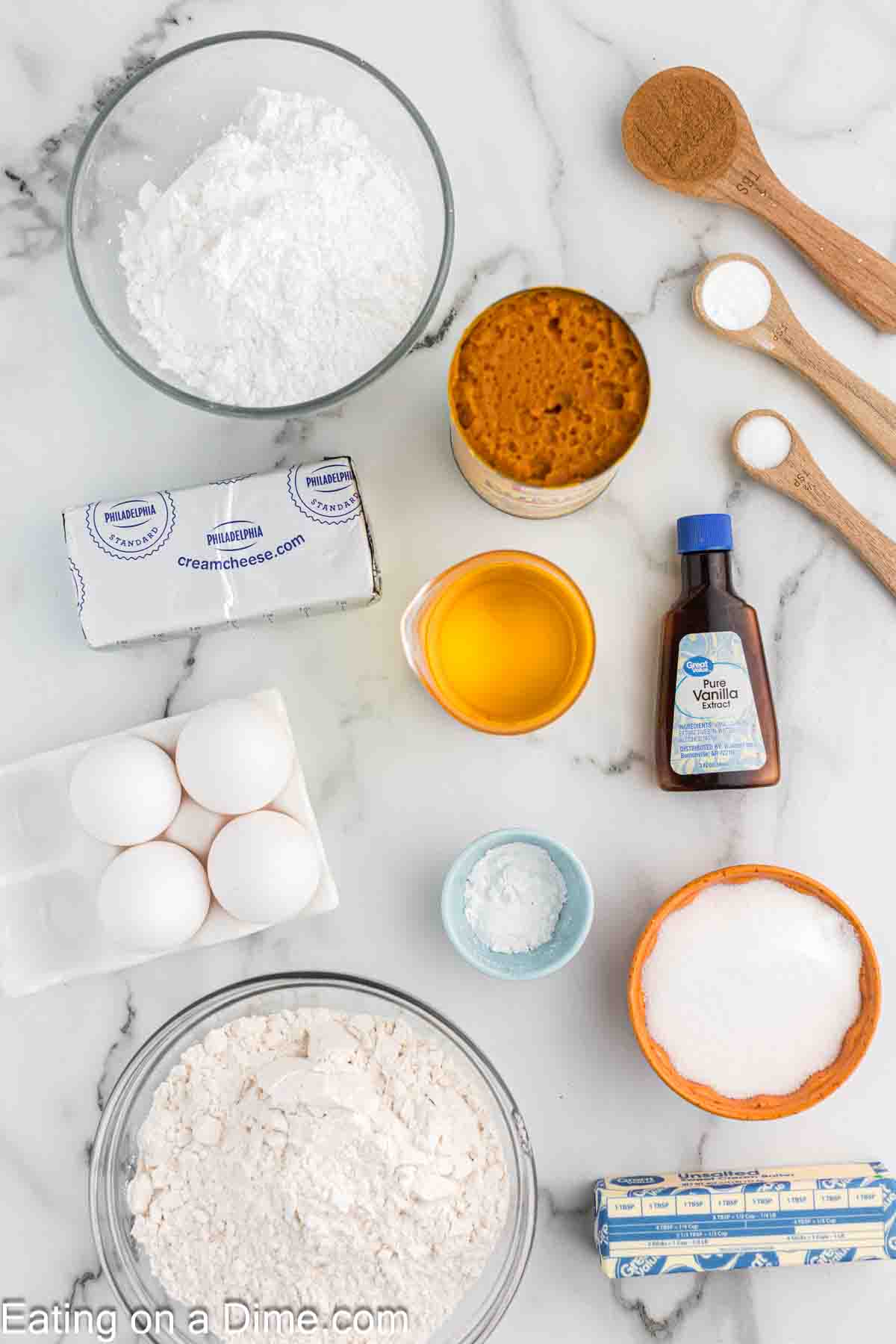 Ingredients needed for pumpkin cake with cream cheese frosting