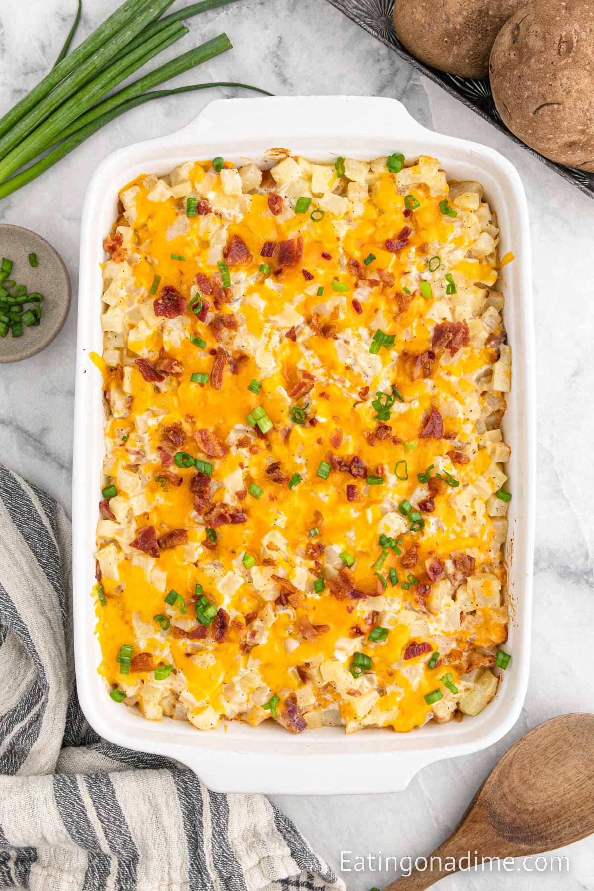 Loaded bake potato in a casserole dish