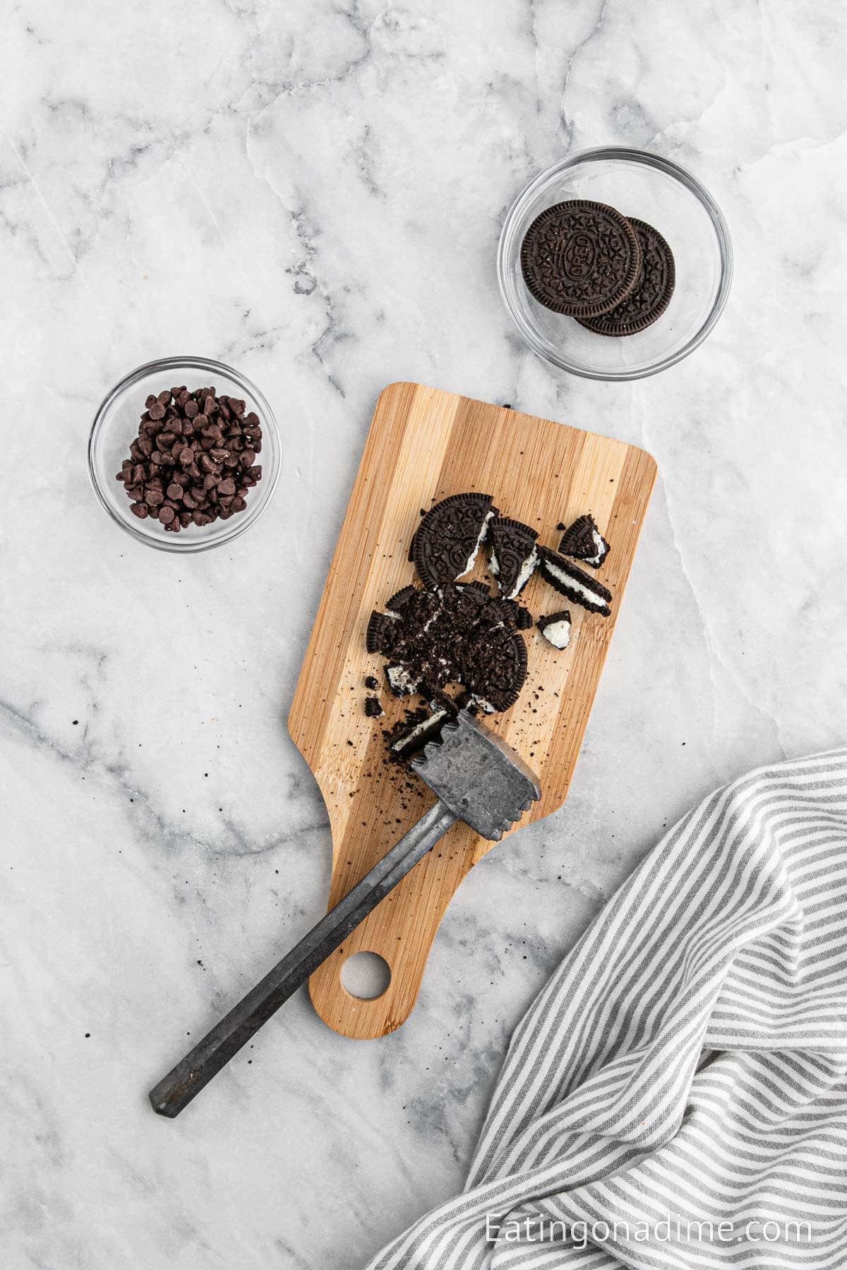 Oreo crushed on a cutting board