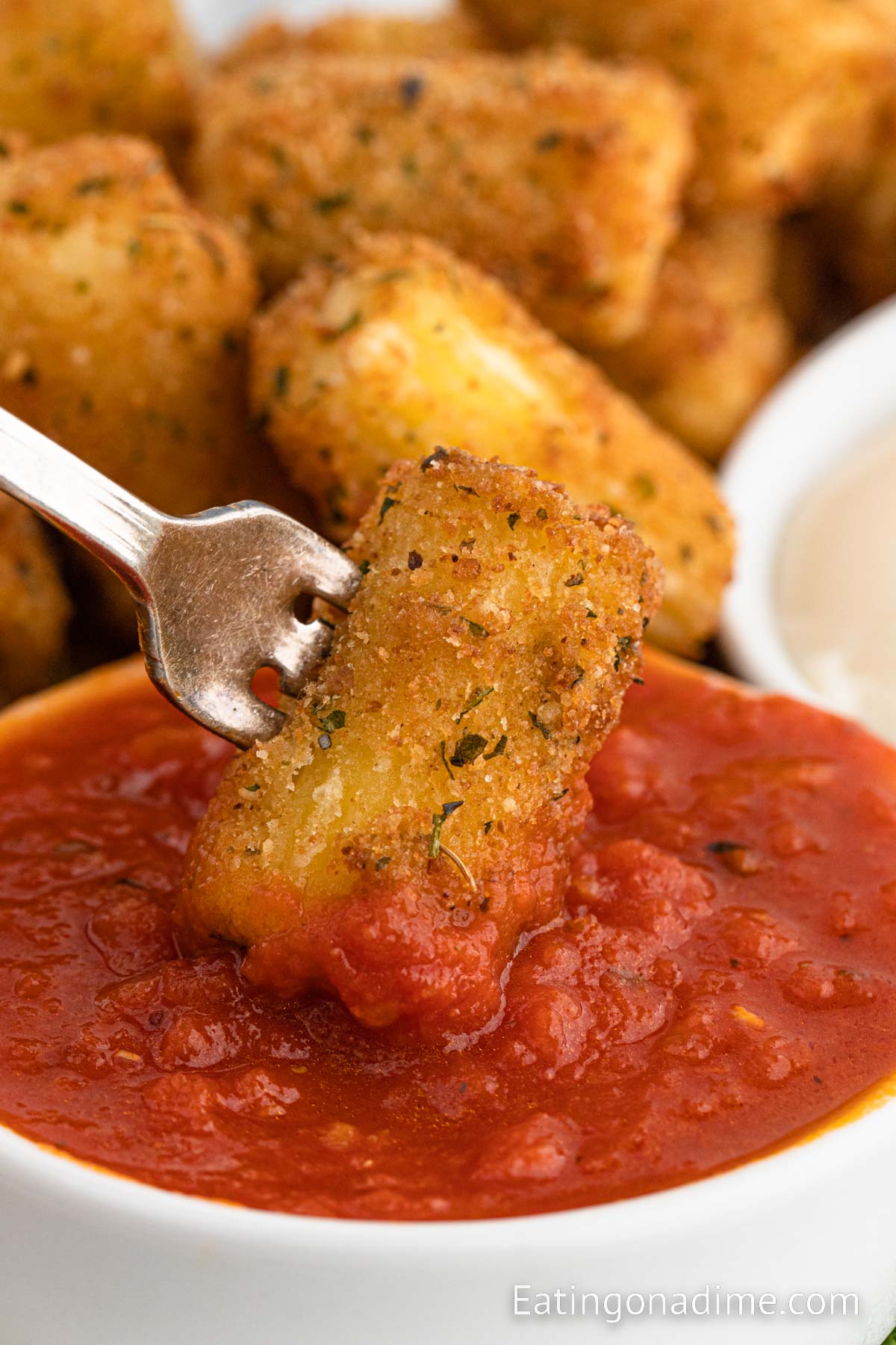 Stuffed Ziti Fritta dipping into a tomato sauce
