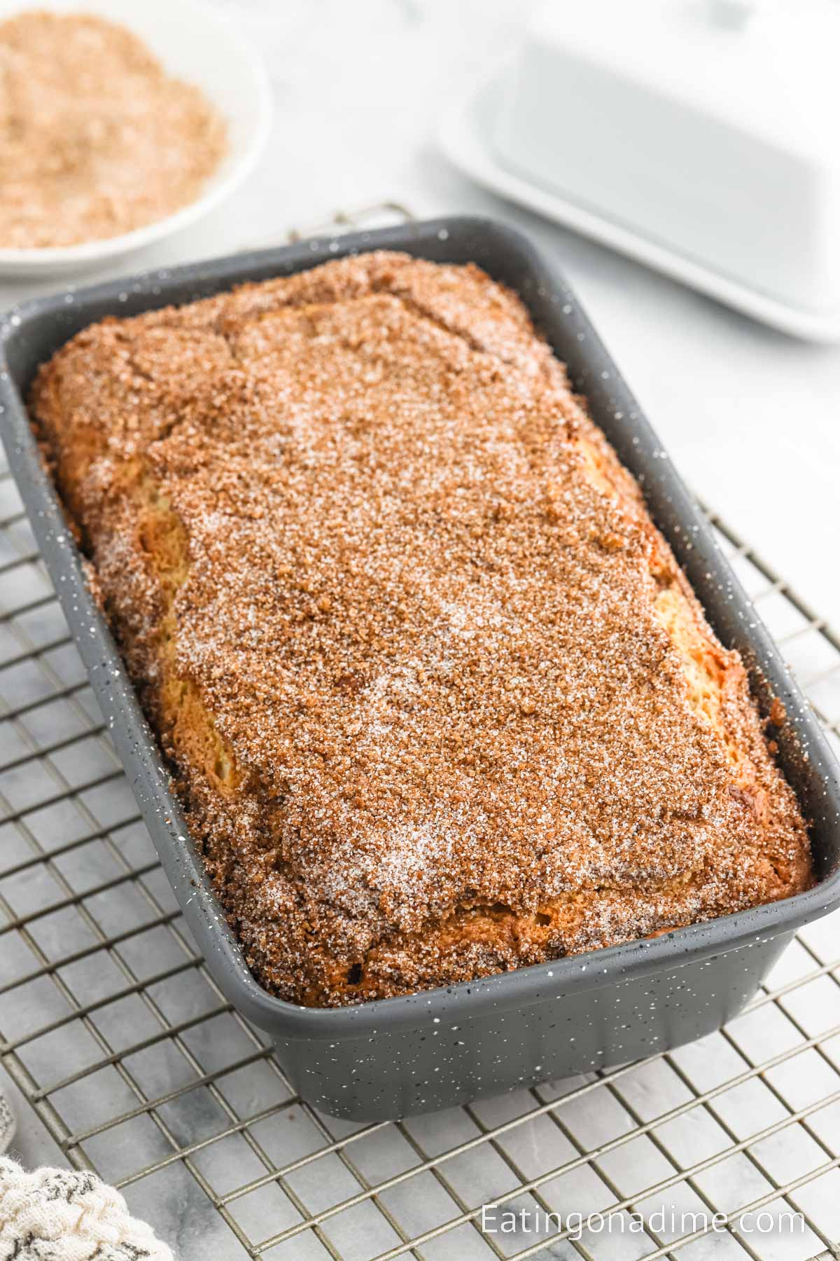 Snickerdoodle bread in a loaf pan
