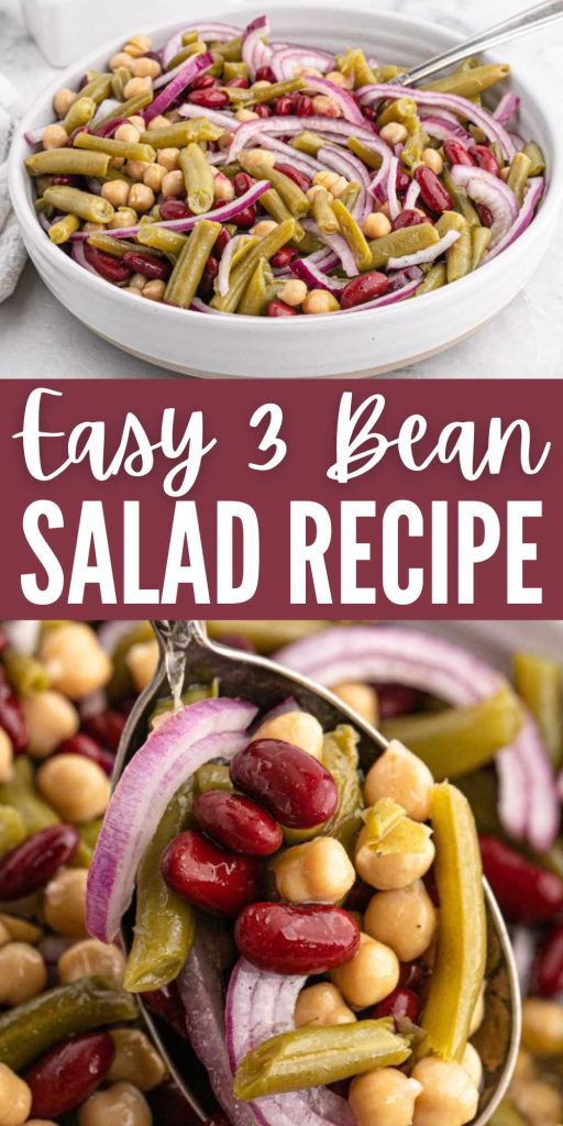 3 Bean Salad Recipe is a tangy combination of Kidney beans, green beans and garbanzo beans. The homemade dressing is light and flavorful. This salad is a tasty combination of different types of beans with a light and flavorful dressing. Thinly sliced onions add to the flavor and it all combines into a Summer favorite. #eatingonadime #3beansaladrecipe #3beansalad