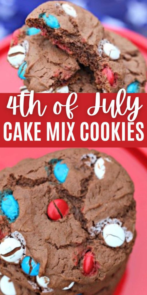 You only need 5 ingredients to make these delicious 4th of July Cake Mix Cookies. These cake mix cookies are one of the best holiday dessert. They are the perfect chewy cookies for kids to make and enjoy. Plus they are super festive for the 4th of July without doing a lot of work. That is a win-win in my book. #eatingonadime #4thofjulycookies #cakemixcookies #redwhiteandbluecookies