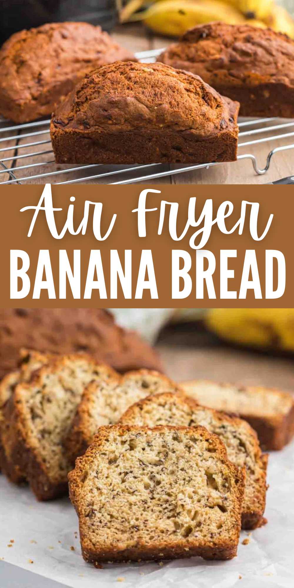 Air Fryer Banana Bread is a delicious and easy way to make your favorite banana bread. This mini banana bread recipe is loaded with flavor. There are many substitutions or add-ins to make this bread but this simple banana bread recipe can't be beat. Slice the bread and have for breakfast or an afternoon snack. #eatingonadime #airfryerbananabread #airfryerrecipes #bananabread
