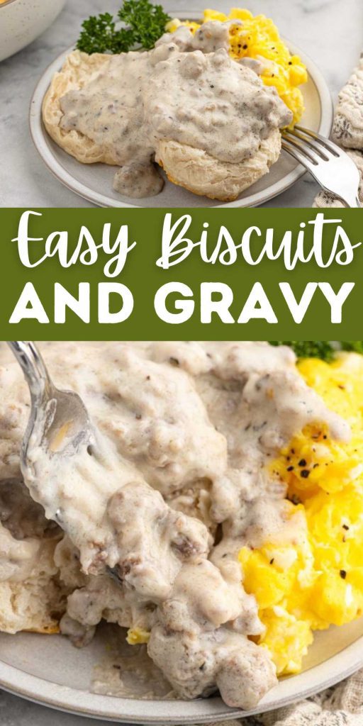Biscuits and Gravy Recipe is the best comfort food. This recipe is simple to make and made with easy ingredients. The flavor is amazing and the results is thick gravy poured over biscuits. #eatingonadime #biscuitsandgravyrecipe #biscuitssausagegravy
