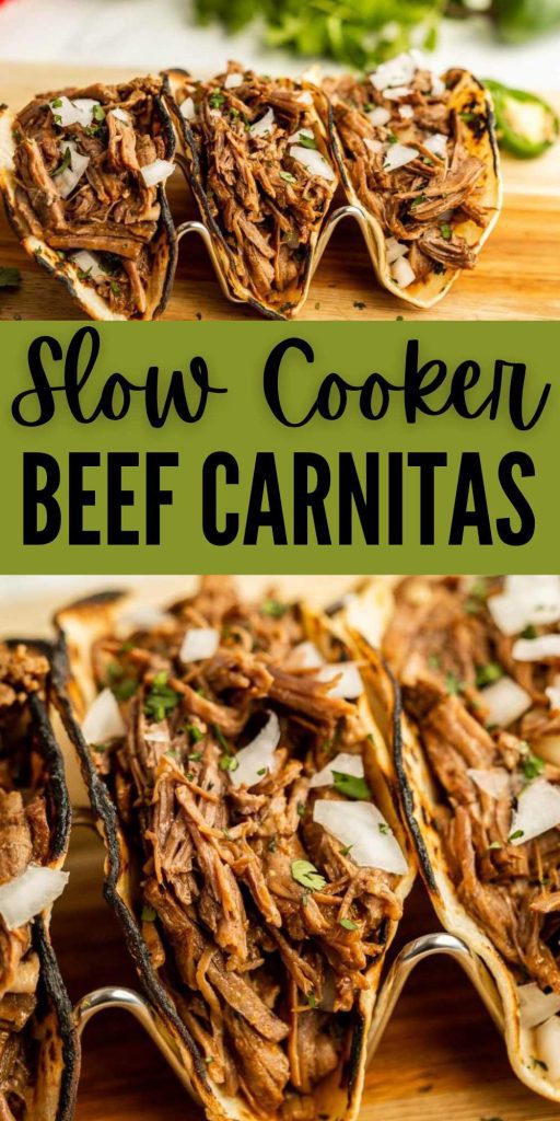 Try Slow Cooker Beef Carnitas for a meal sure to impress. There are tons of options for this beef carnitas recipe from tacos to salads.  The meat is so tender with just the perfect amount of crispiness on the outside. #eatingonadime #slowcookerbeefcarnitas #beefcarnitas