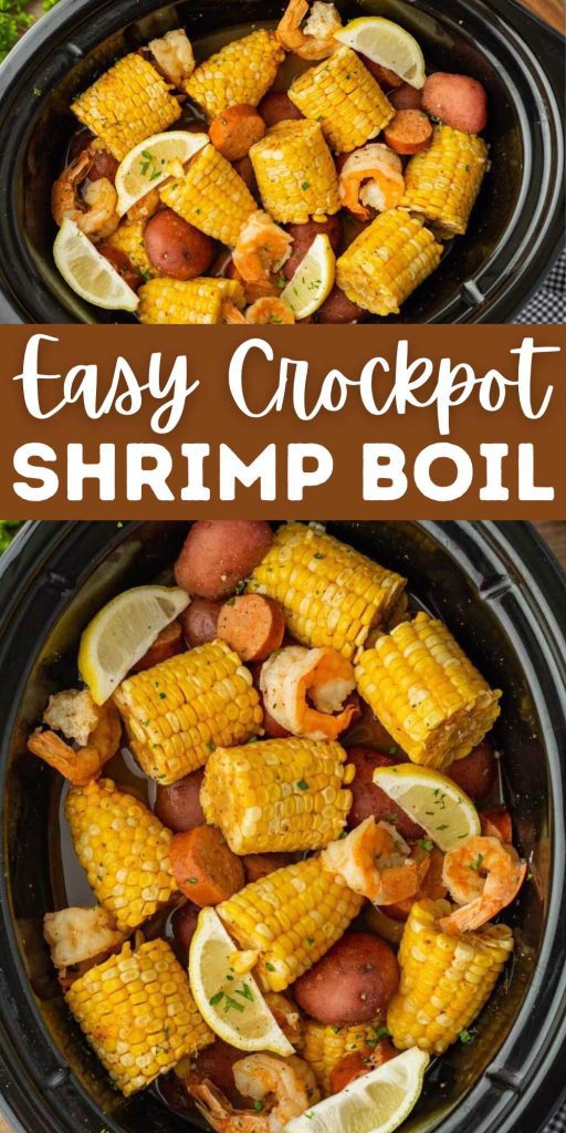 Shrimp, corn and more come together for a meal everyone will love in this Crock Pot Shrimp Boil Recipe. This shrimp boil is a must try! Everything you need for a great meal is in the slow cooker making dinner a breeze. #eatingonadime #crockpotshrimpboil #shrimpboil