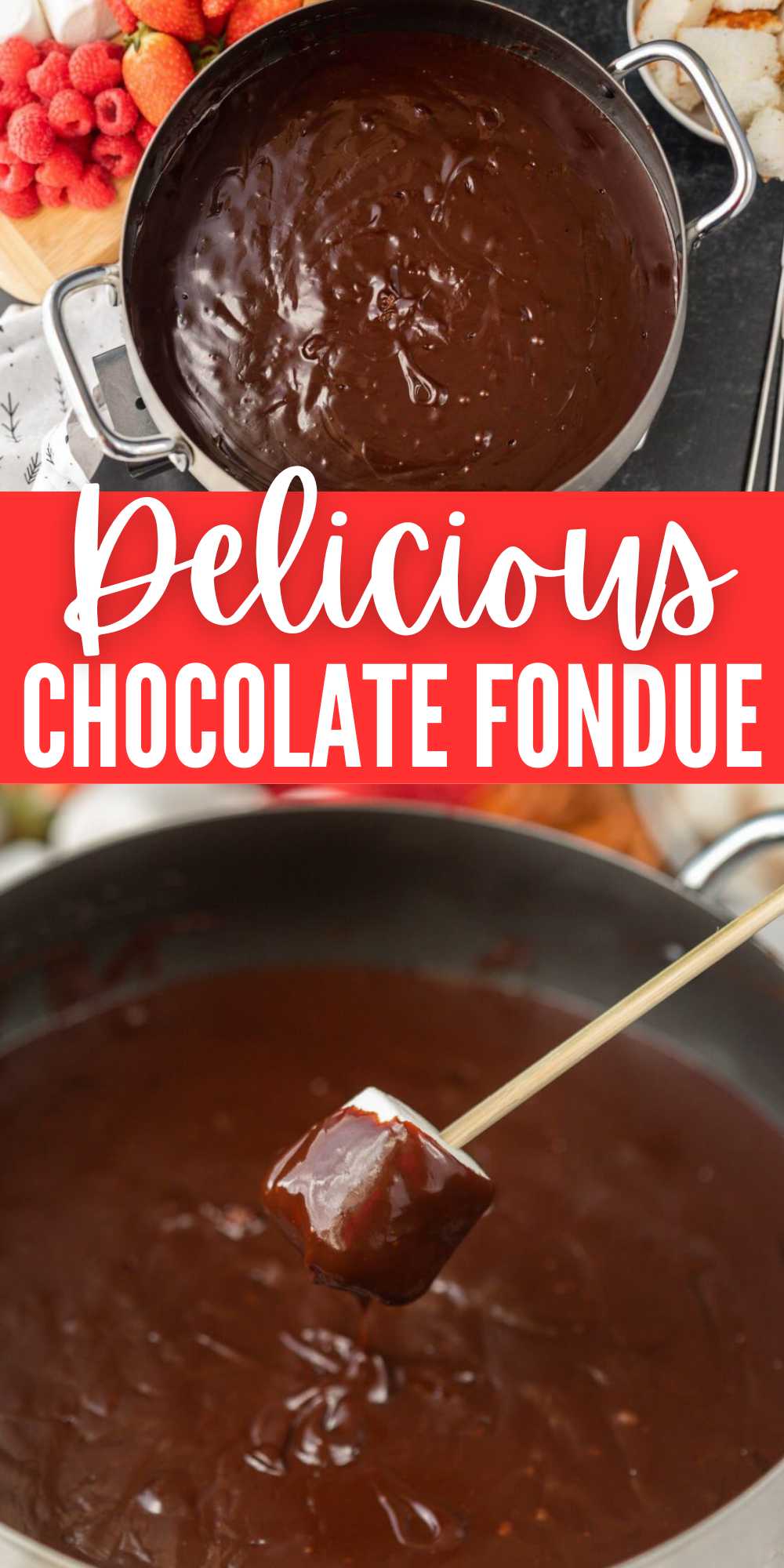 If you are looking for a fun party dip, make Chocolate Fondue Recipe. Dip your favorite fresh fruit, marshmallows or angel food cake. This chocolate fondue is perfect for Valentines Day, New Year's Eve or for a weeknight dessert. It is made with simple ingredients and always a family favorite. #eatingonadime #chocolatefondue #fondue