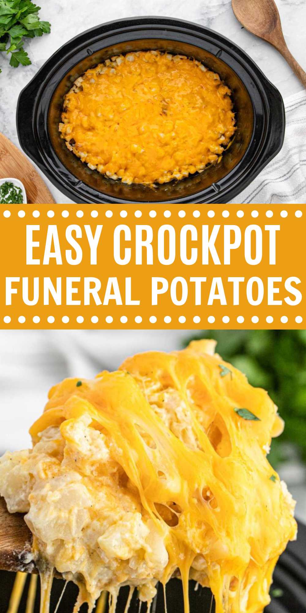 This Crockpot Funeral Potatoes Recipe is a simple side dish that is flavorful. Make this slow cooker recipe for your next potluck. This simple side dish is delicious and easy to make. Save oven space this holiday and make everyone's favorite cheesy potatoes recipe side dish in the slow cooker. #eatingonadime #crockpotfuneralpotatoes #funeralpotatoes