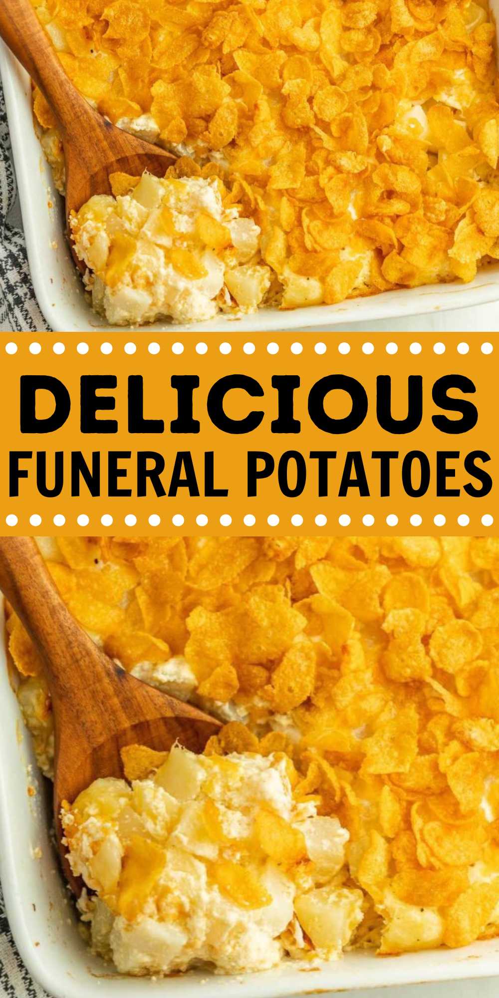 Funeral Potatoes Recipe is the perfect comfort food. Perfect for family gatherings or Thanksgiving. This cheesy potatoes are easy to make. All you need is a few simple ingredients and everything bakes perfectly in a baking dish or casserole dish. Serve with ham, turkey or any type of grilled meats. #eatingonadime #funeralpotatoes #cheesypotatoes