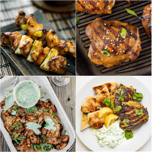 Everyone will love these grilled chicken thigh recipes. We’ve rounded up 35 easy and delicious chicken thigh recipes for the grill that include bone in, boneless skinless and an assortment of easy marinade recipes. These marinated chicken recipes are juicy, tender, healthy and flavorful. #eatingonadime #grilledchickenthighrecipes #grilledchicken