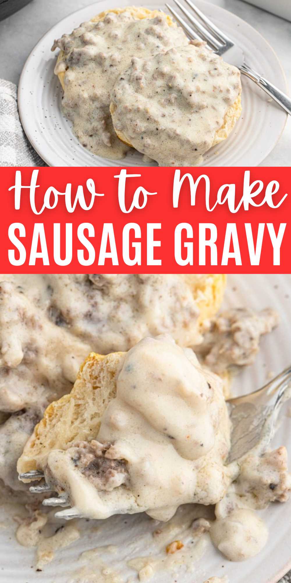 How to Make Sausage Gravy with simple ingredients. This gravy recipe is loaded with flavor and delicious served over homemade biscuits. This sausage gravy recipe is made from scratch and only require a few simple ingredients. If you are looking for an easy Sausage Gravy recipe, this is the one to make. #eatingonadime #howtomakesausagegravy #sausagegravy