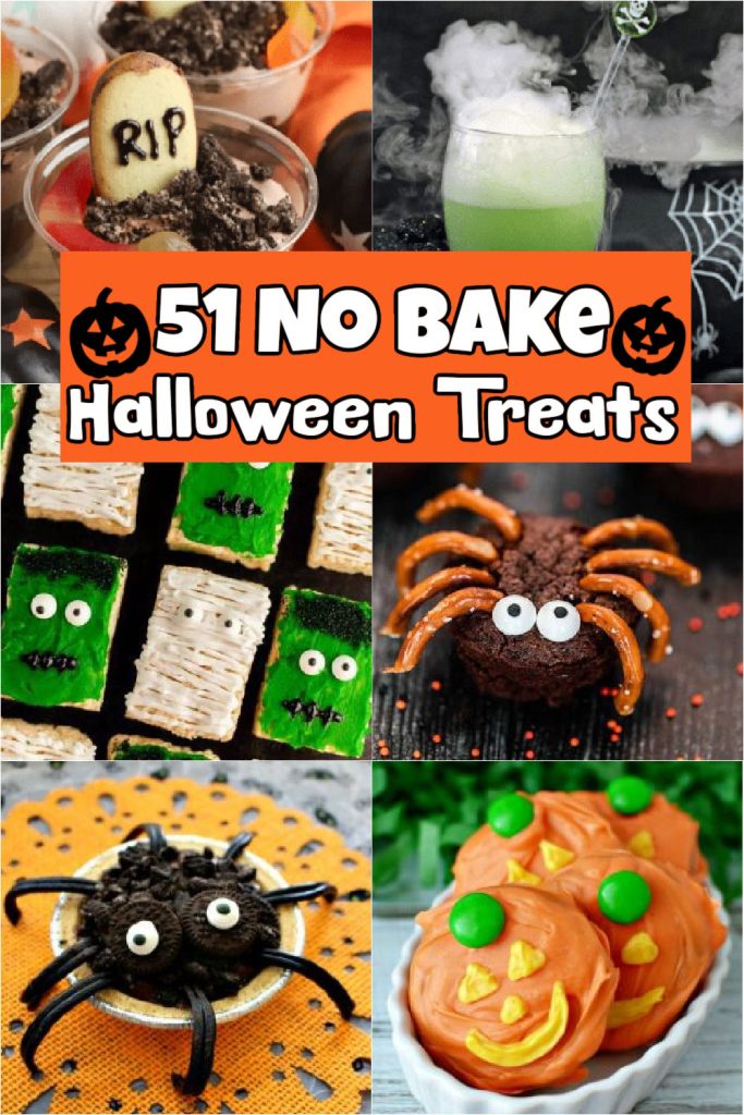 If you don’t want to spend a lot of time preparing, try making these no bake Halloween treats. We’ve rounded up 51 no bake Halloween desserts that are easy to make and taste amazing! DIY recipes for ghosts, mummies, spooky cookies, witches, drinks and more. #eatingonadime #nobakehalloweentreats #halloweenrecipes