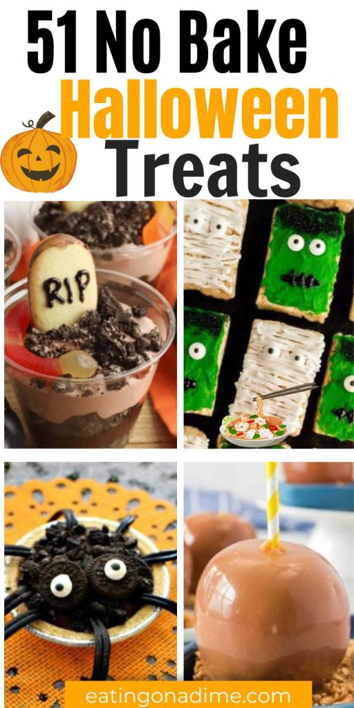 If you don’t want to spend a lot of time preparing, try making these no bake Halloween treats. We’ve rounded up 51 no bake Halloween desserts that are simple and taste amazing! DIY recipes for ghosts, mummies, spooky cookies, witches, drinks and more. #eatingonadime #nobakehalloweentreats #halloweenrecipes
