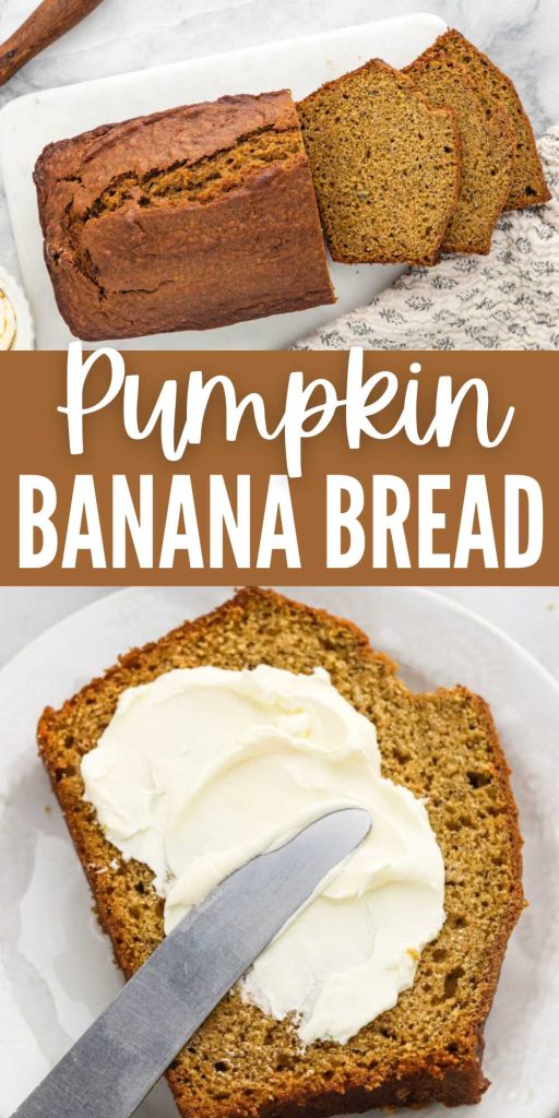 Easy pumpkin banana bread recipe with simple ingredients. Try this delicious banana pumpkin bread recipe anytime of the year. This recipe is loaded with flavor and is so soft. We love pumpkin recipes but this is one of my favorites. #eatingonadime #pumpkinbananabread #pumpkinrecipes #bananabread