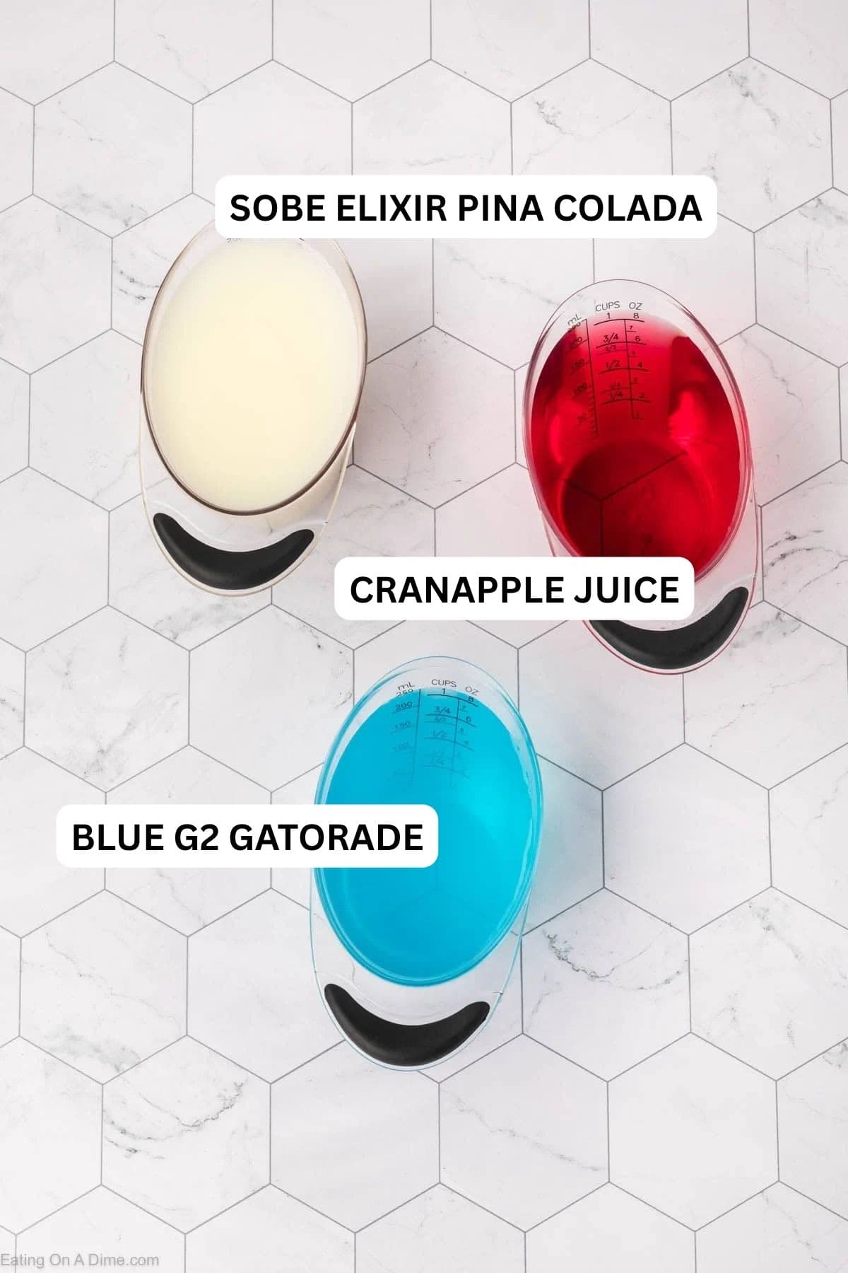 Ingredients needed to make this recipe which includes cranapple juice, pina colada, and blue gatorade.