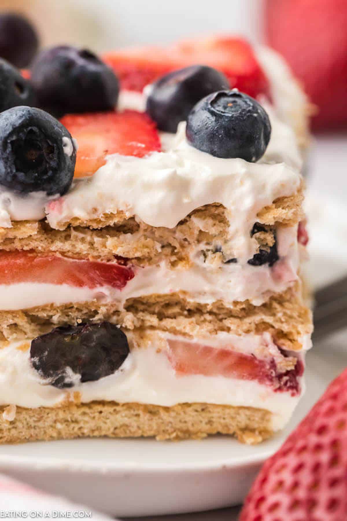 Closeup photo of slice of 4th of July icebox cake