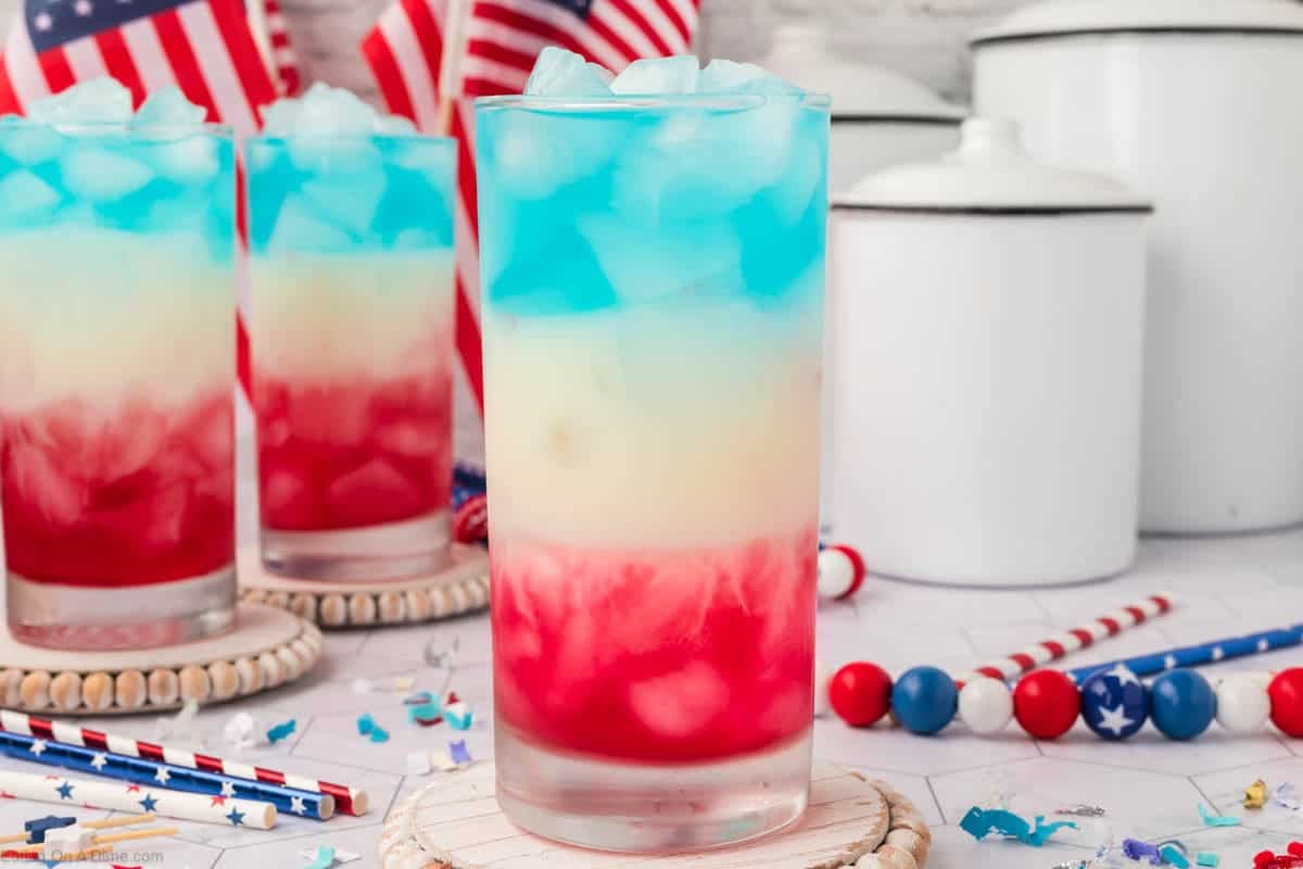Red White and Blue Drink with patriotic decorations in the background.