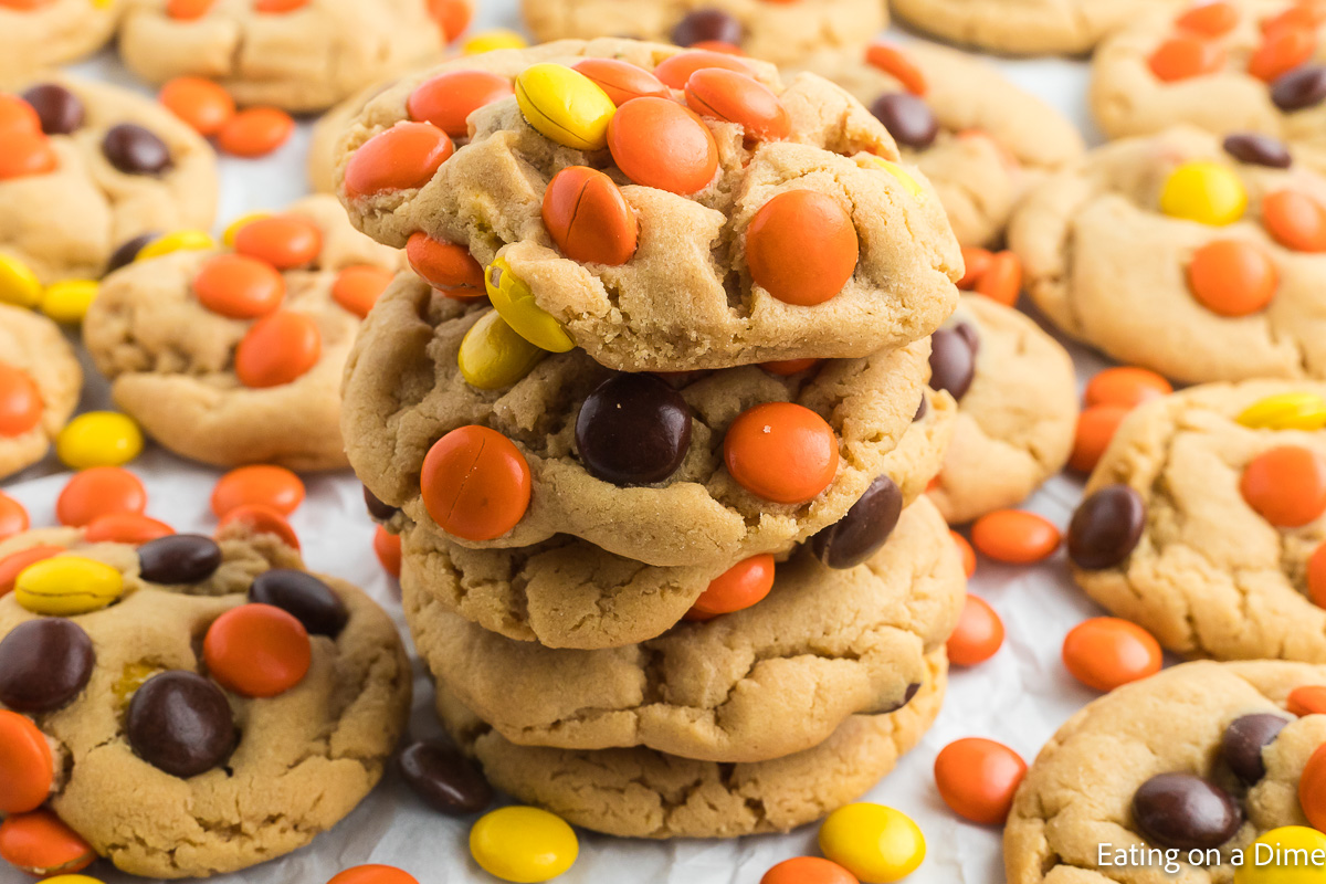 Close up image of Reese's Pieces Cookies stacked