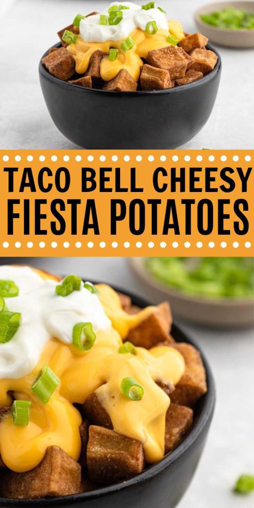 Taco Bell Cheesy Fiesta Potatoes are crispy potatoes loaded with flavor. This copycat recipe is easy to make and now you can make it at home. You can easily add your favorite topping to create a delicious meal or side dish. Your kids will love to be enjoy their favorite Taco Bell recipe at home with this simple recipe. #eatingonadime #tacobellcheesyfiestapotatoes #copycattacobellrecipes #fiestapotatoes