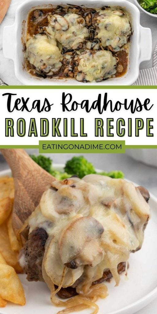 Texas Roadhouse Roadkill Recipe is a delicious hamburger steak smothered in a cheese, onions and sauce. This recipe easy to make. This copycat recipe is easy to make and taste amazing. The texture of the burgers is full of flavor and delicious. It is made with basic ingredients that you can easily find at the store. #eatingonadime #texasroadhouseroadkill #copycattexasroadhouserecipe
