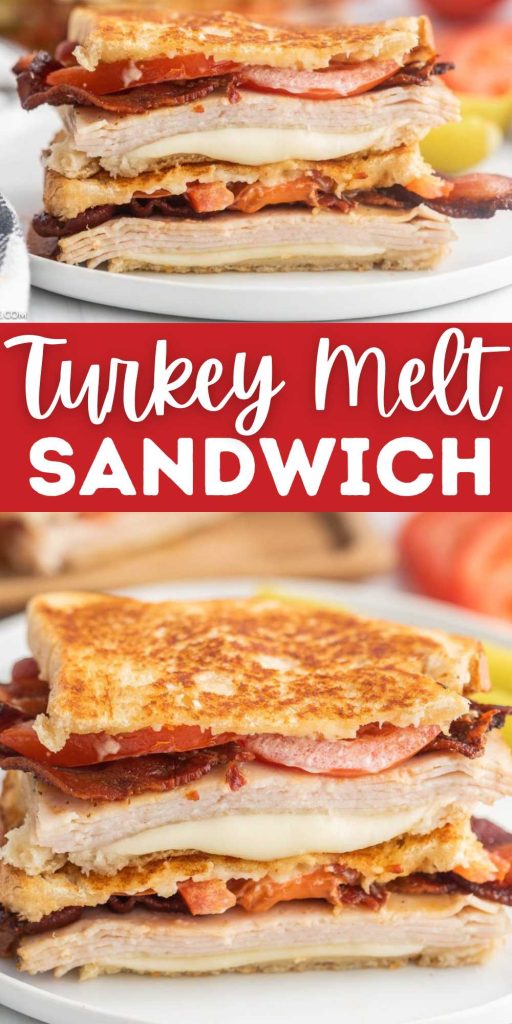 Turkey Melt Sandwich is piled high with layers of turkey, bacon and cheese. Make this sandwich for lunch or an easy weeknight meal. If you like getting a turkey melt at your favorite deli, save time and money and make it at home. #eatingonadime #turkeymeltsandwich #turkeymelt