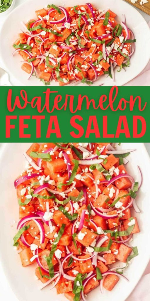 If you are looking for the perfect summer salad recipe, make this Watermelon Feta Salad. Make this salad for your next backyard BBQ. This quick and easy salad will be a hit at your next BBQ. It is the ultimate fresh salad that is the perfect amount of sweetness. #eatingonadime #watermelonfetasalad #fetasalad #watermelon