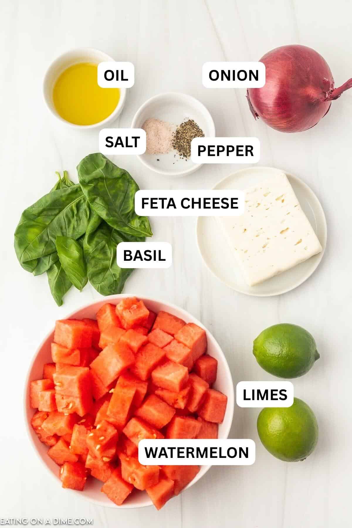 Ingredients needed to make this recipe includes watermelon, basil leaves, feta cheese, red onion, olive oil, limes, salt and pepper.