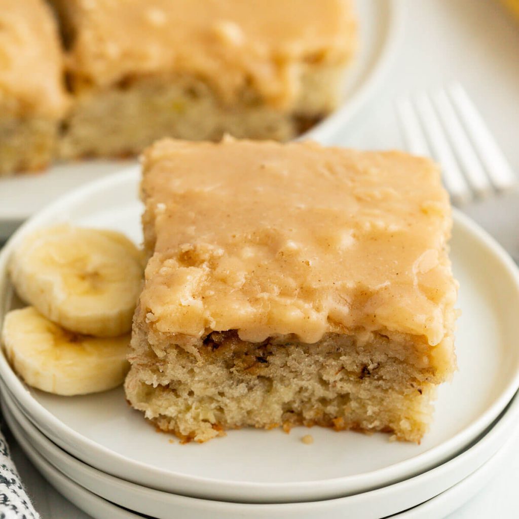 Banana Bread Brownies slice on a white plate