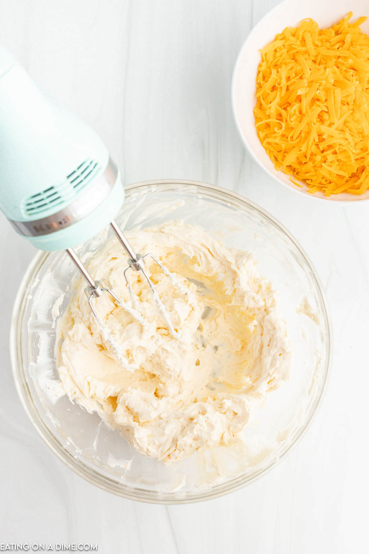 Mixing bowl with cream cheese mixture. 