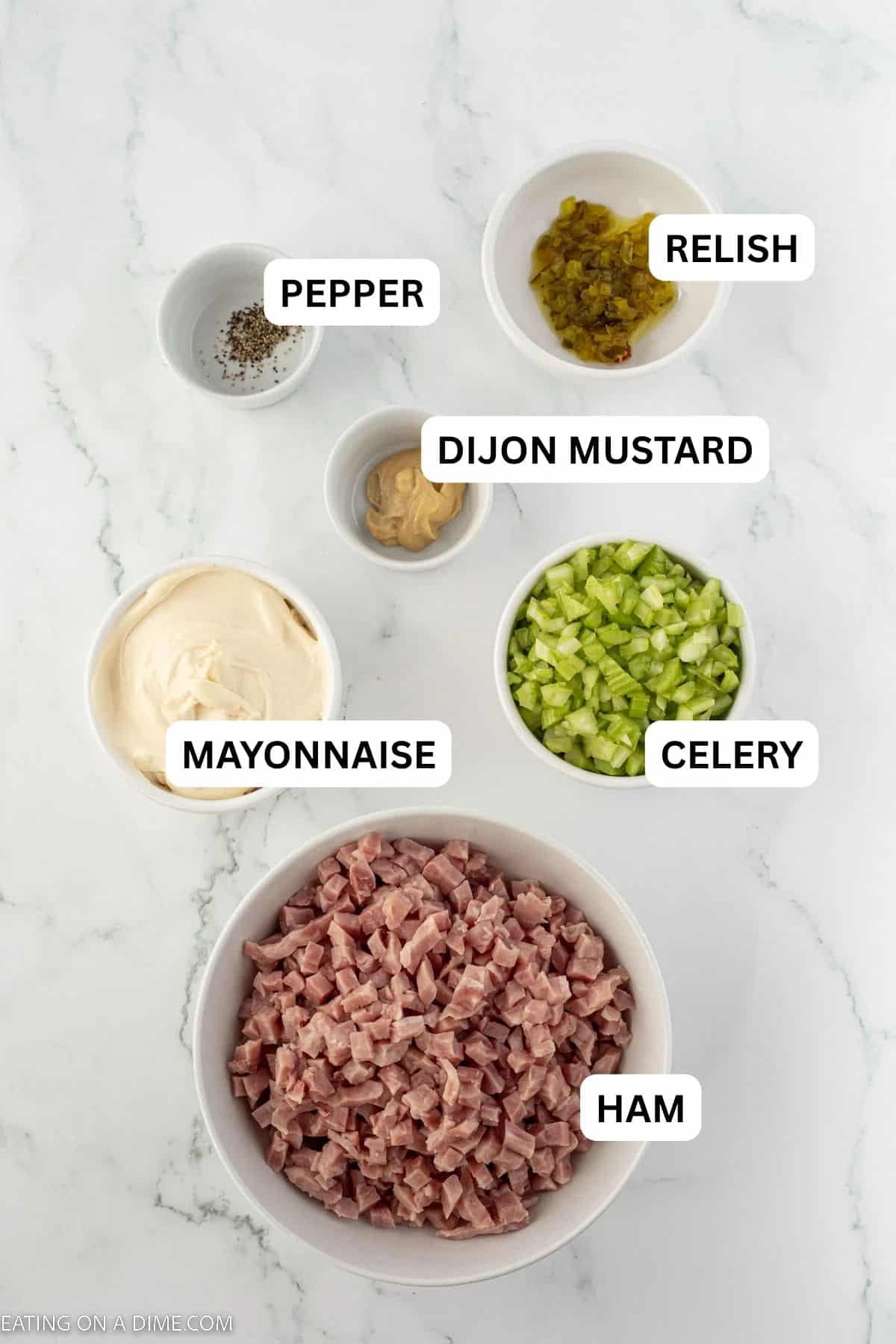 Ingredients needed to make this recipe include cooked ham, celery, mayonnaise, dijon mustard, sweet pickle relish, and pepper.