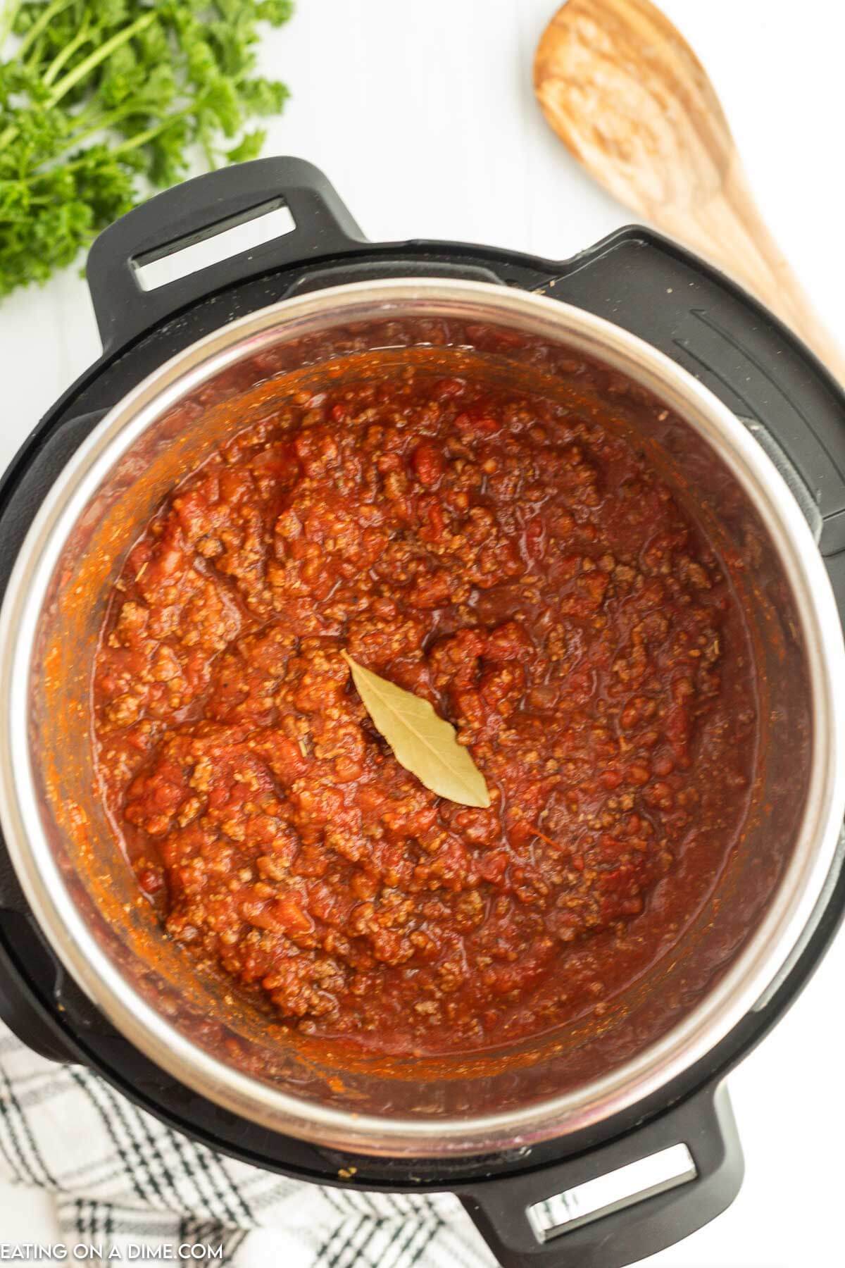 Bolognese Sauce in the instant pot with a bay leaf
