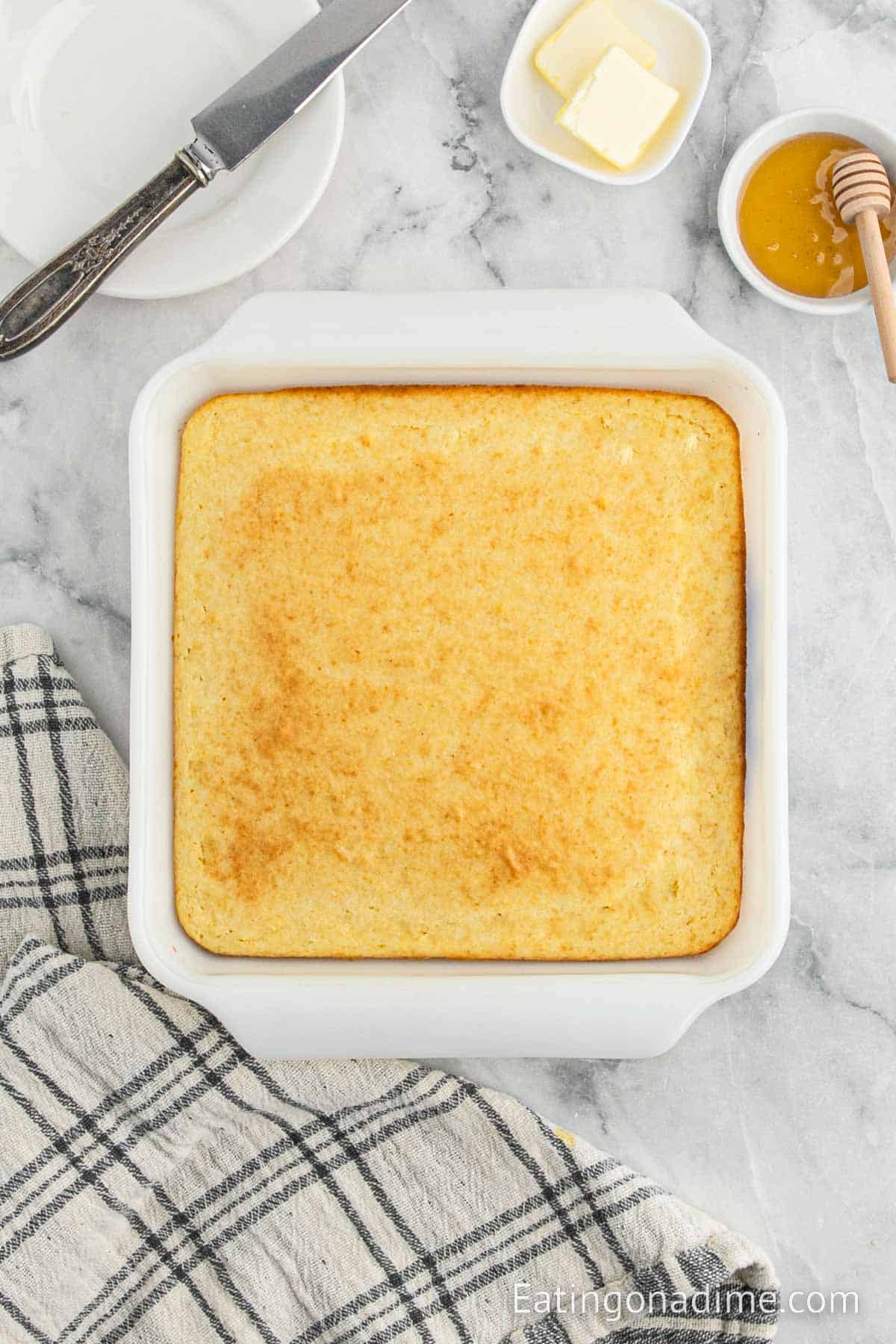 Baked cornbread in a baking dish