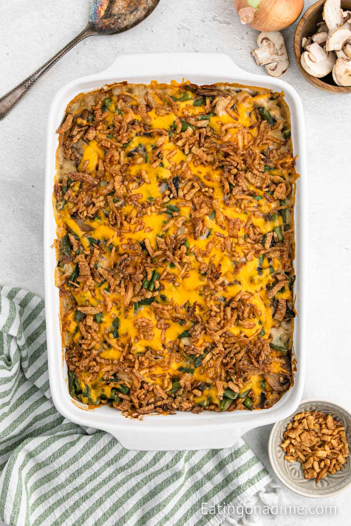 Chicken green bean casserole in a baking dish