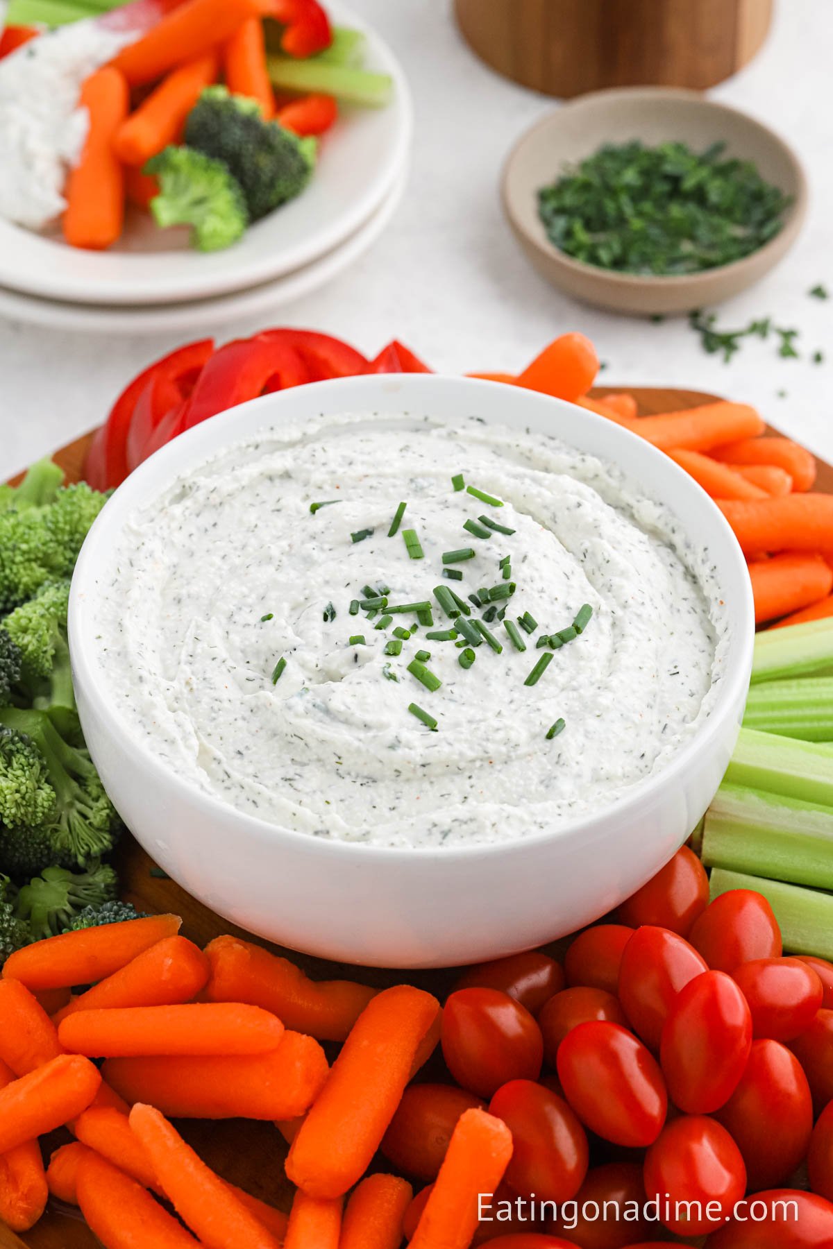 Vegetable platter with veggies and cottage cheese dip