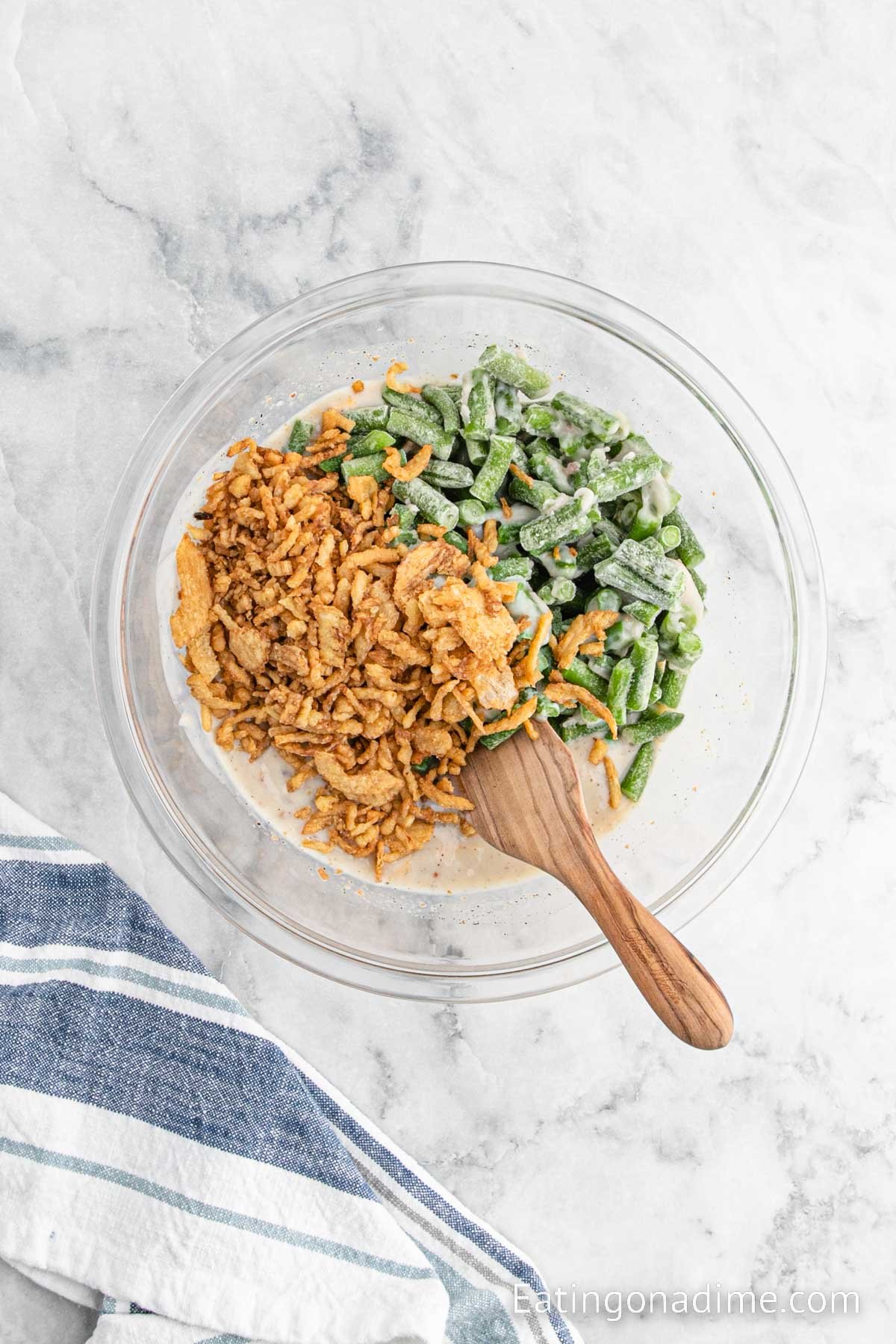 Stir in french fried onions and greens in the mixture