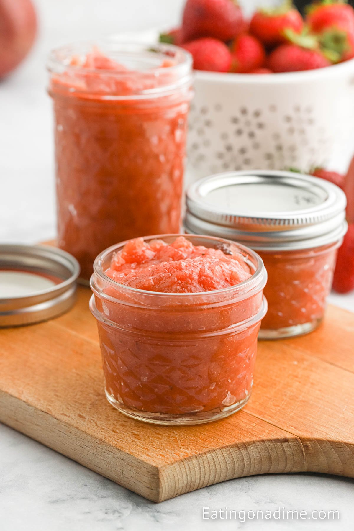 Strawberry Applesauce in a clear mason jars