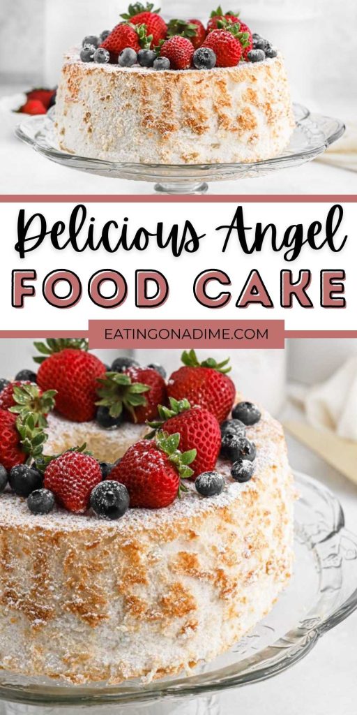 Angel Food Cake is a light and fluffy cake that is amazing topped with fresh fruit and whipped cream. Easy steps to make a classic recipe. This simple ingredient angel food cake is easy to make. It looks beautiful displayed on a cake stand and served with a drizzle of chocolate ganache. #eatingonadime #angelfoodcake #homemadeangelfoodcake