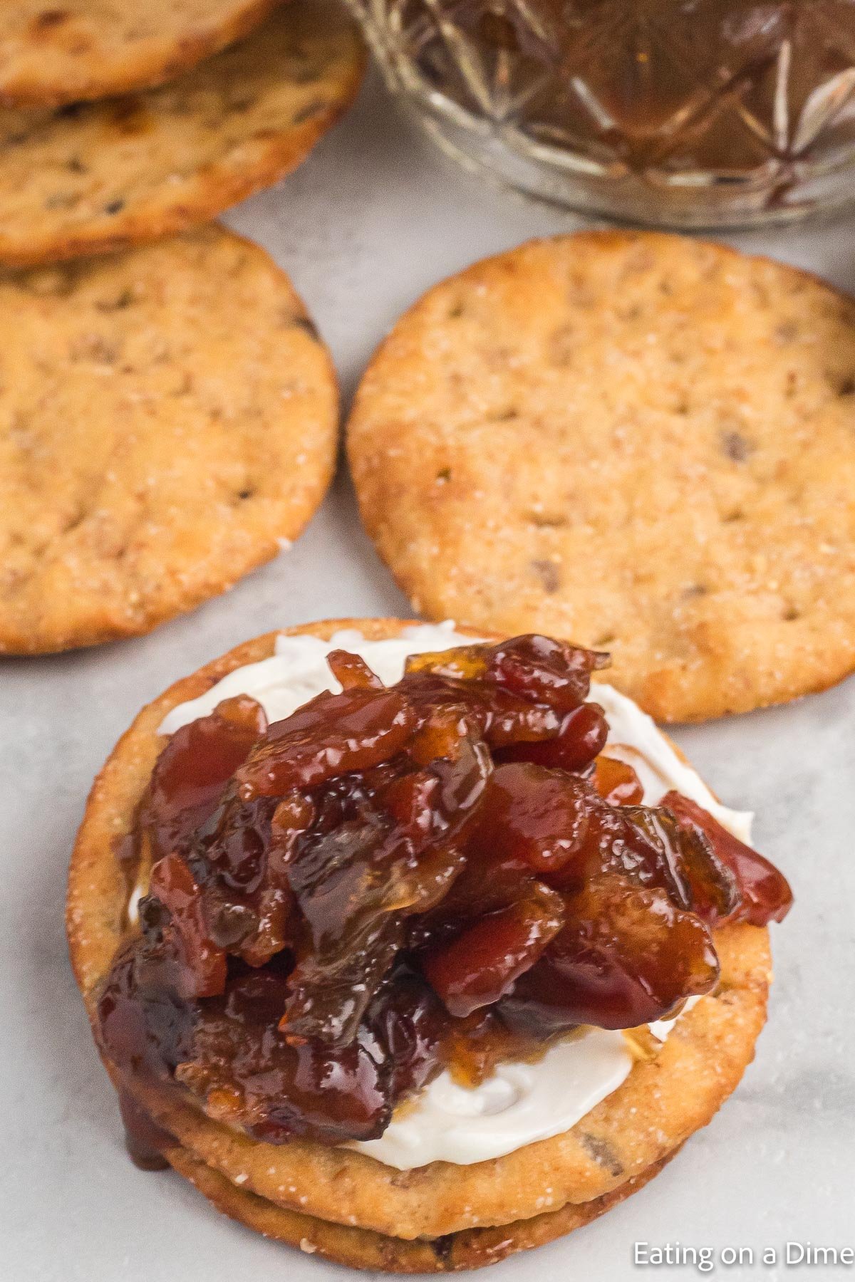 Bacon Jam on a cracker with cream cheese