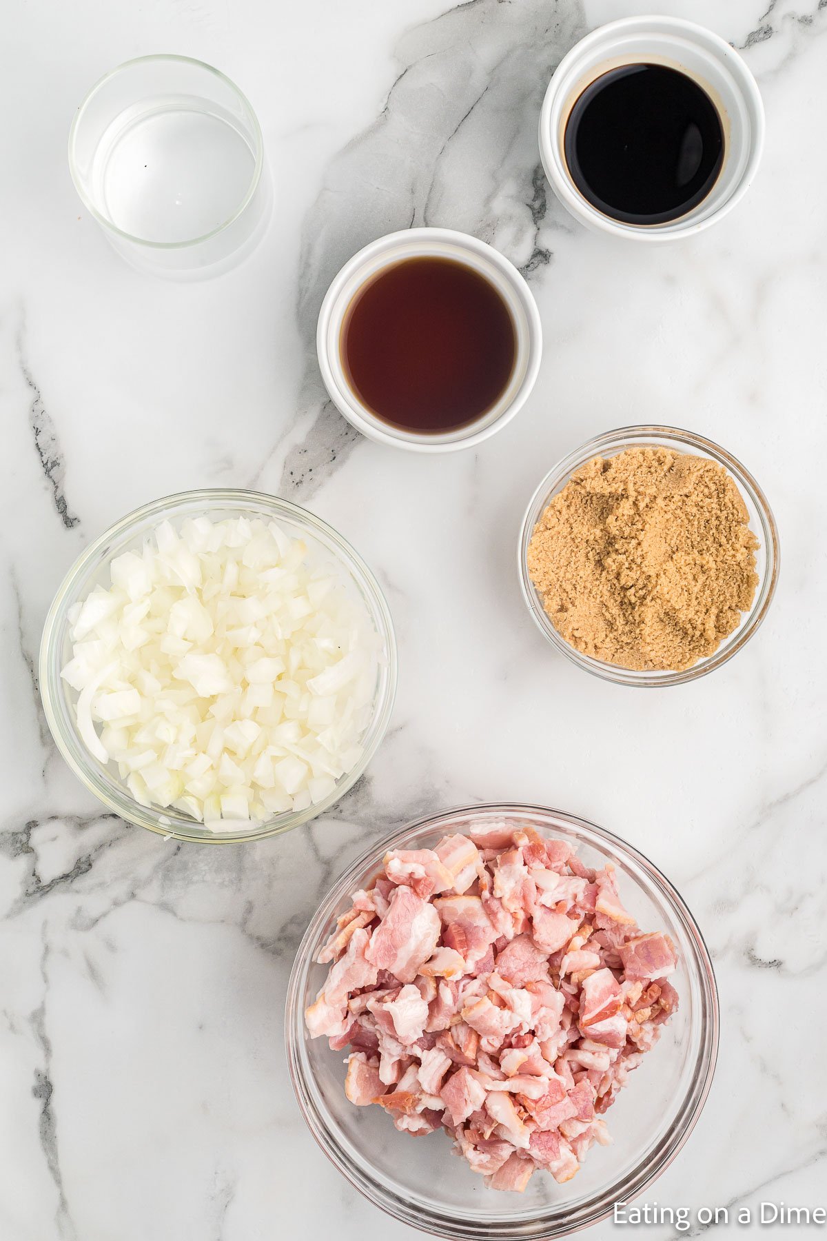 Ingredients for bacon jam - bacon, sweet onions, sherry vinegar, balsamic vinegar, brown sugar