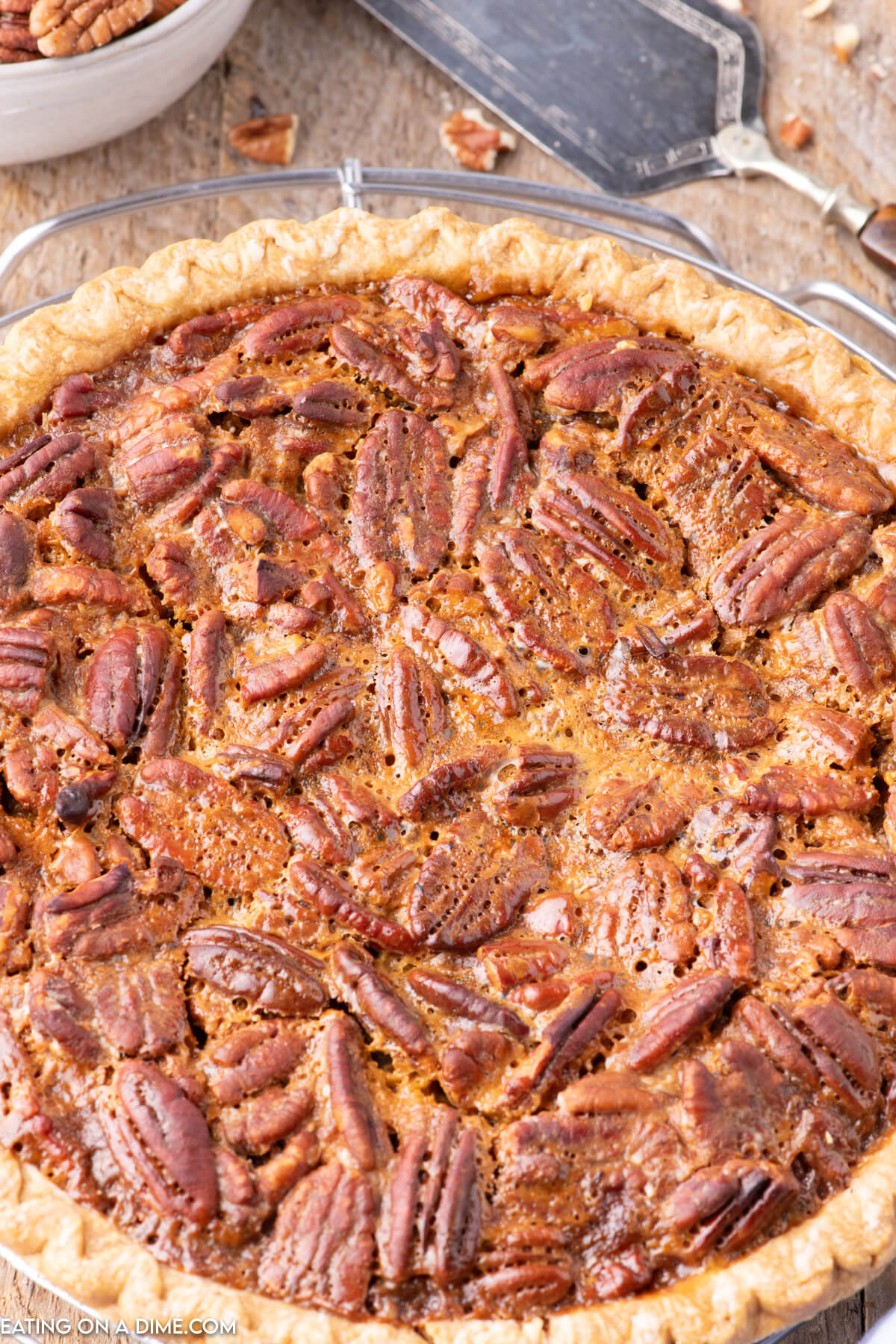 Close up image of butterscotch pecan pie
