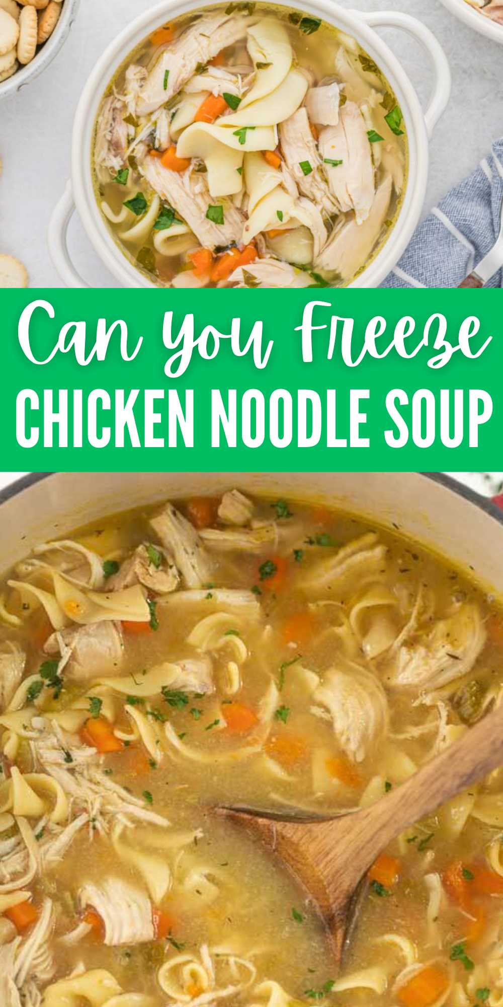 Chicken Noodle Soup is frequently ranked as one of the best comfort foods there is. But can you freeze chicken noodle soup? These easy freezer steps will have you enjoying soup all year long. #eatingonadime #canyoufreezechickennoodlesoup #chickennoodlsoup #freezertips