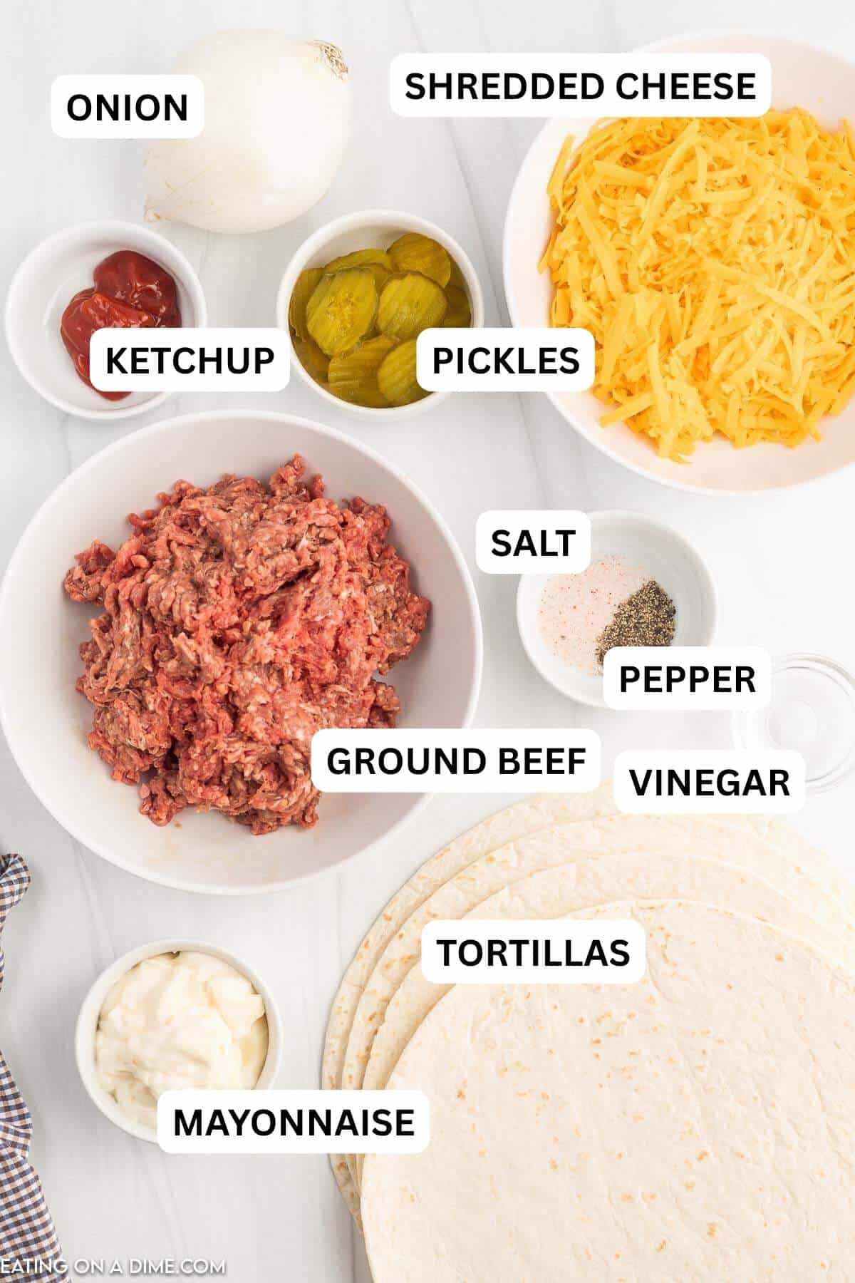 Ingredients needed for Cheeseburger Quesadillas.