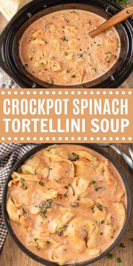 Crock Pot Spinach Tortellini Soup Recipe is the perfect recipe to make any day of the week! This soup is creamy and delicious! The broth is flavor packed and even my kids gobble up the spinach. It gives the soup such a pretty pop of color and tastes great with the rich broth. #eatingonadime #crockpotspinachtortellinisoup #tortellinisoup