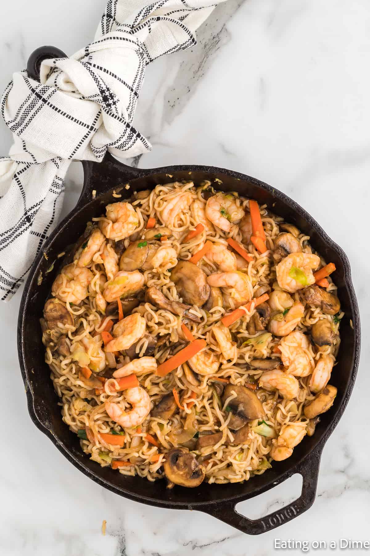 Shrimp Yakisoba in a cast iron skillet