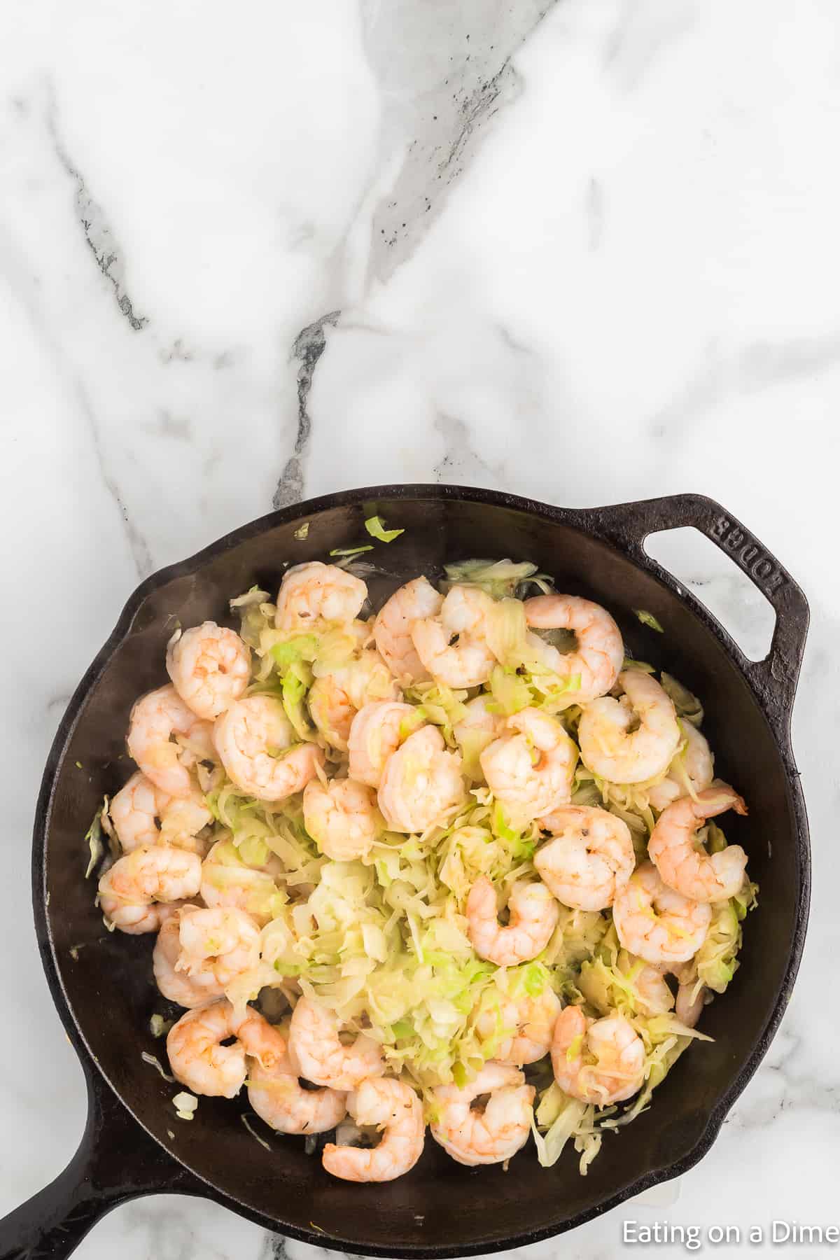 Cooking shrimp and green cabbage and onions in a cast iron skillet