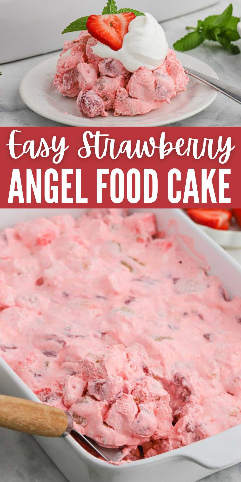 Strawberry Angel Food Cake is loaded with delicious strawberry flavor. This special occasion dessert is easy to make with simple ingredients. This strawberry angel food cake dessert reminds me of a strawberry shortcake. The cream texture and the amazing flavor will have you coming back for more. #eatingonadime #strawberryangelfoodcake #angelfoodcake