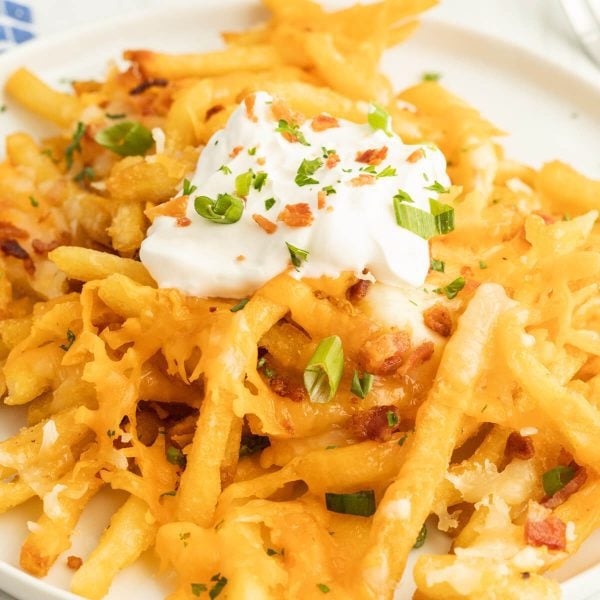 Cheese fries on a plate topped with sour cream melted cheese and chives